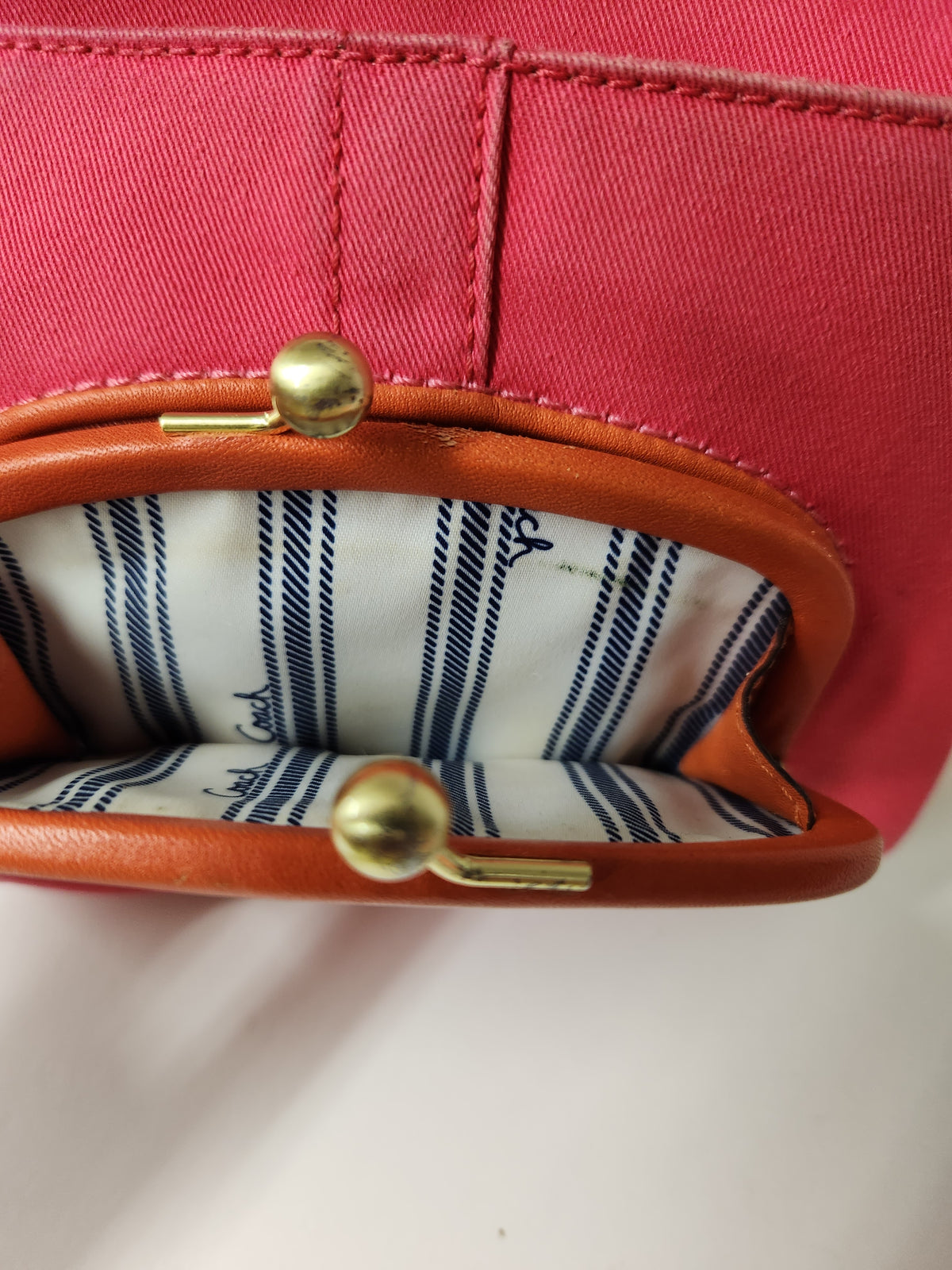 Close-up of an orange-brown leather Coach handbag interior, showing a striped white and navy lining and a branded leather patch inside the compartment.