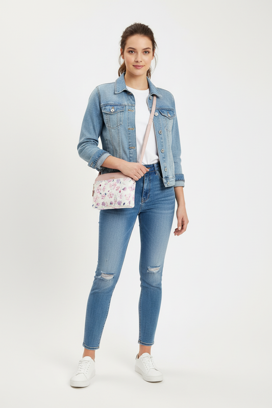 A woman modeling a light blue denim jacket, matching distressed blue jeans, a white t-shirt, and white sneakers, while carrying a small white crossbody bag with a pink floral pattern, set against a plain white studio background.