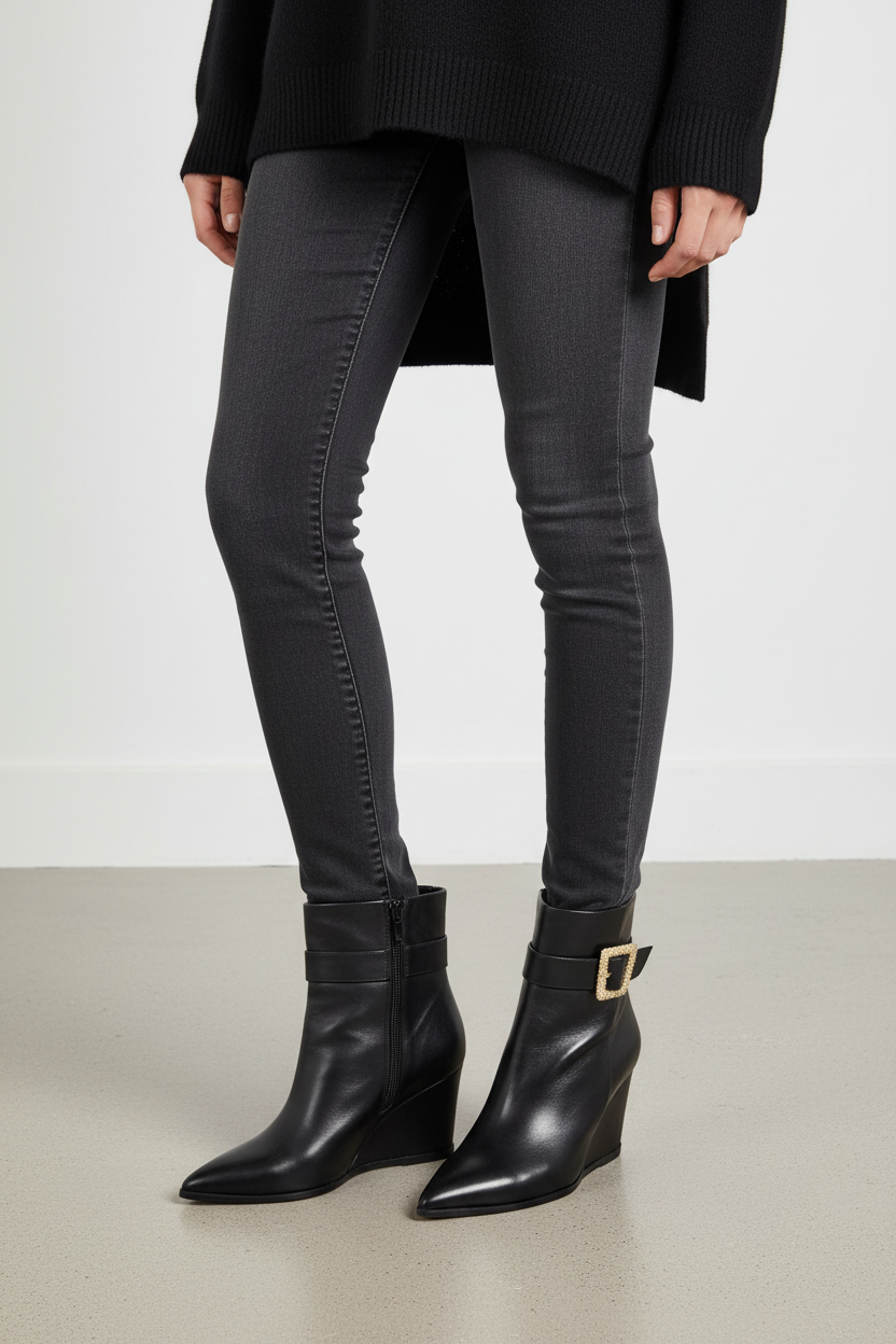 A person wearing slim-fit dark gray skinny jeans and black pointed-toe ankle boots with a gold buckle detail, shown from the waist down against a plain light gray studio background.