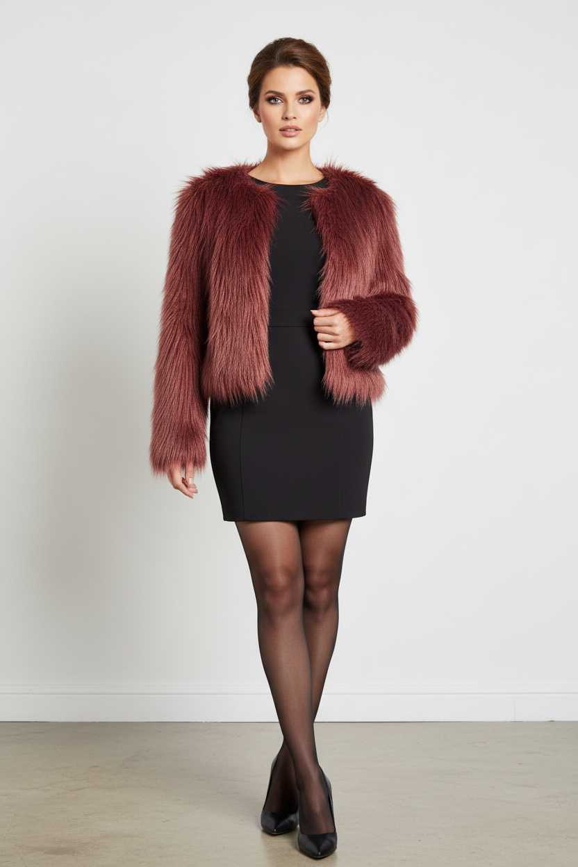A woman modeling a short, shaggy faux-fur jacket in a dusty rose or mauve-brown shade, worn over a black mini dress with sheer black tights and black heels, standing against a plain light gray studio wall.