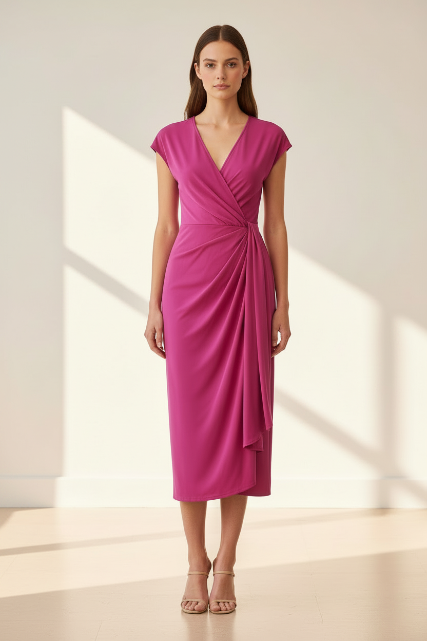 A woman modeling a bright magenta wrap-style midi dress with cap sleeves and a twisted waist detail, standing in a minimalist studio with warm sunlight and shadows.