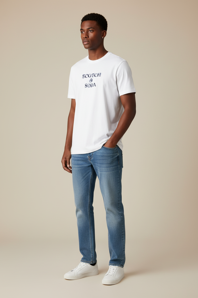 A man modeling a white crew-neck t-shirt with 'SCOUTCH x SOMA' printed in navy on the chest, paired with blue jeans and white sneakers, against a solid beige background.