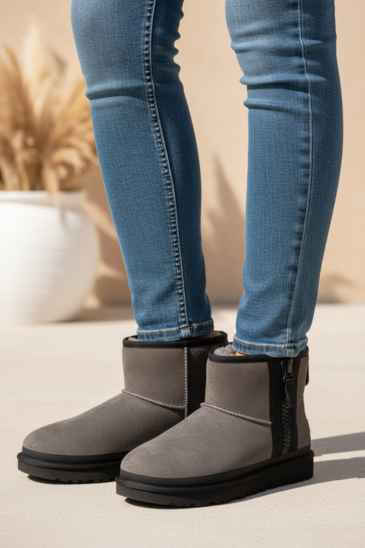 A person wearing gray suede ankle boots with black soles and side zippers, paired with blue skinny jeans, standing on a light beige floor.