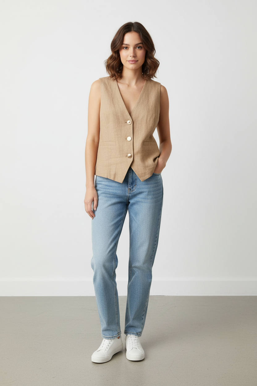 A woman stands in a studio wearing a sleeveless beige vest with front buttons, light blue jeans, and white sneakers against a plain light gray background.