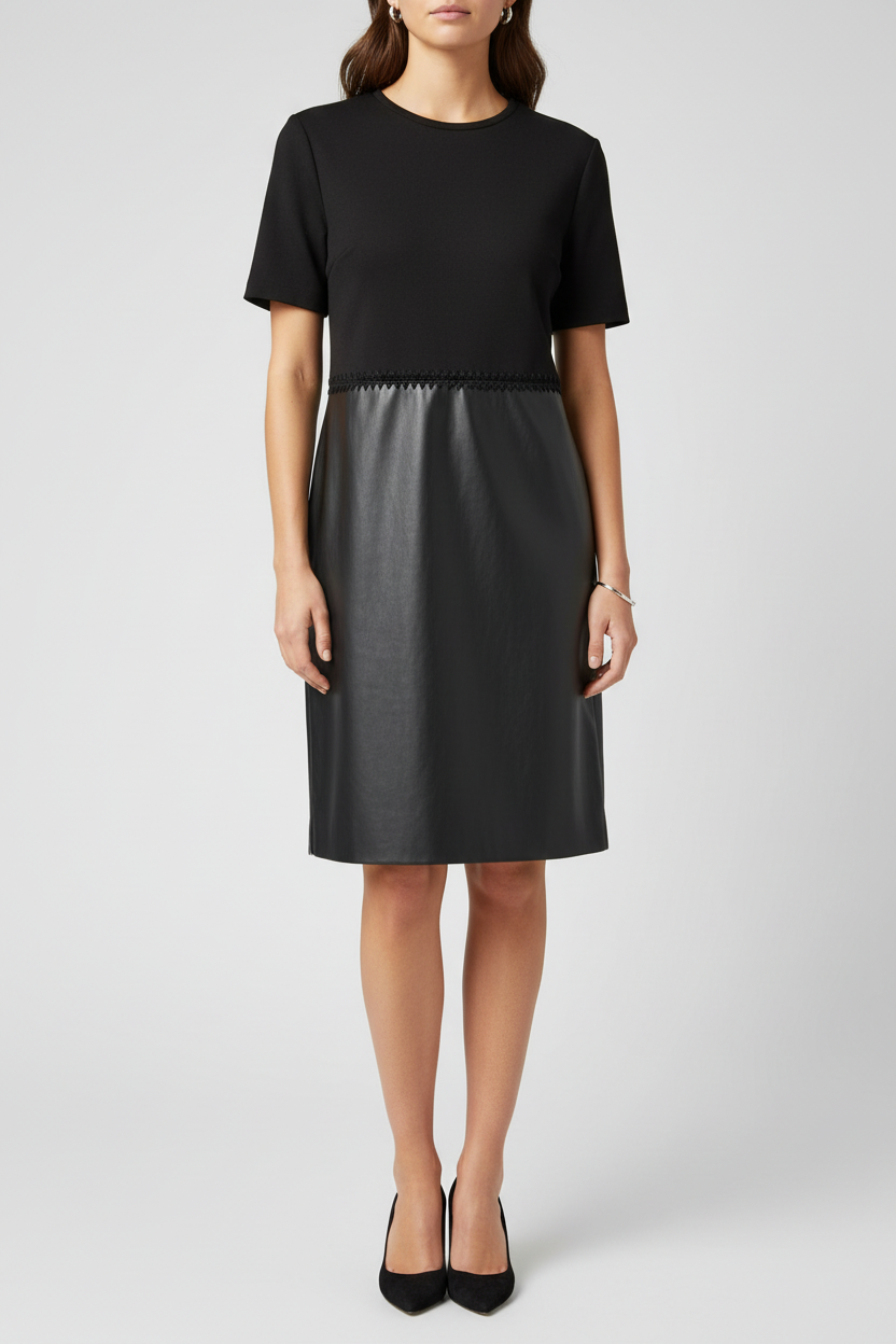 A woman modeling a black dress with a short-sleeve knit top and a smooth faux-leather skirt, paired with black heels, against a light gray studio background.