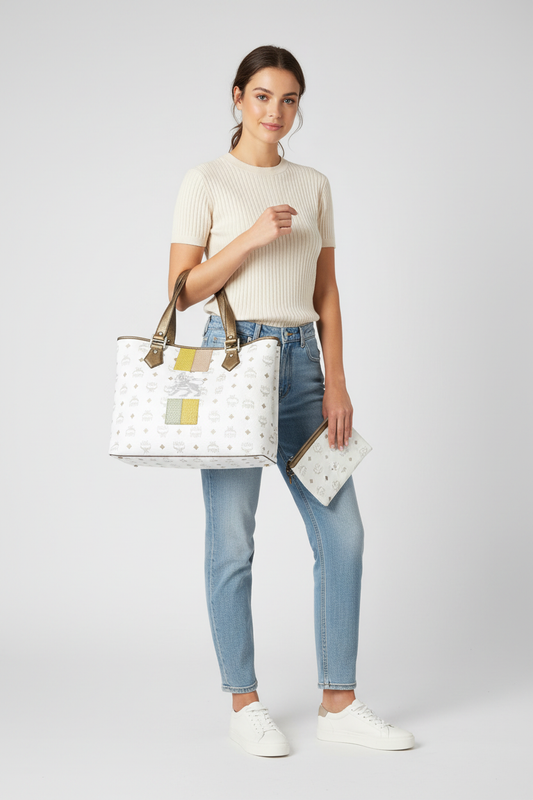 A woman modeling a white MCM tote bag with gold-tone hardware and a small matching clutch, styled with a cream ribbed top, blue jeans, and white sneakers against a light gray studio background.