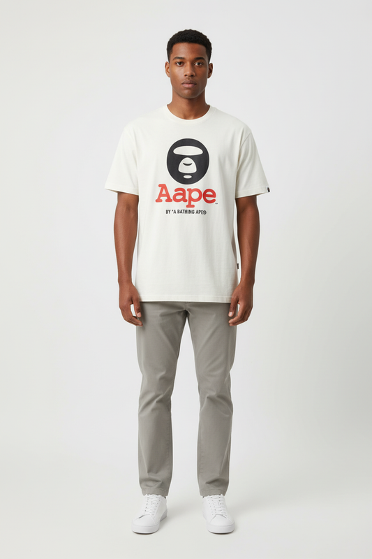 A man modeling a white Aape t-shirt with a black ape head logo and red text, paired with gray trousers and white sneakers, against a light gray studio background.