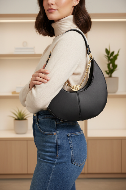 A woman wearing a cream turtleneck sweater and blue jeans carries a black crescent-shaped shoulder bag with a gold chain detail in a modern indoor setting.