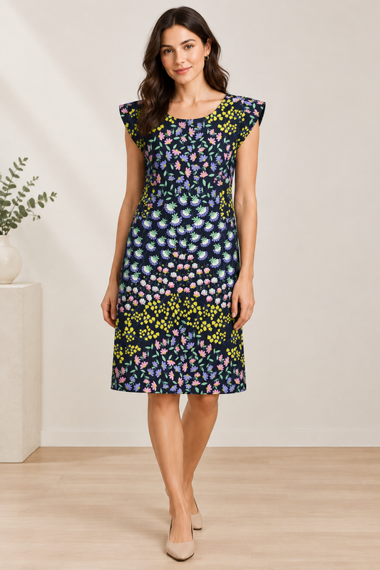  Nanette Lepore floral flutter-sleeve shift dress features a dark navy or black background adorned with a vibrant, multicolor mixed floral motif of pink daisies, yellow sprigs, and mint green foliage. 