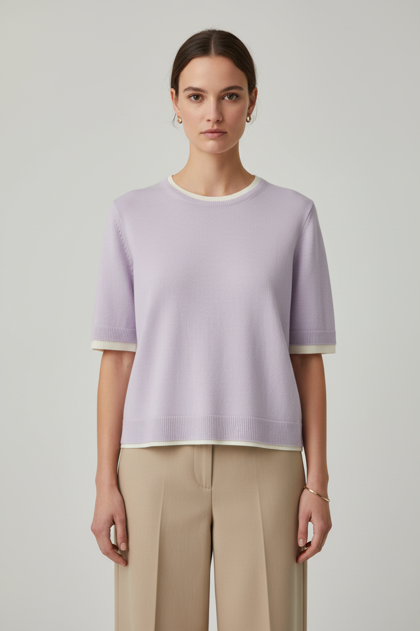 A woman modeling a light lavender short-sleeve knit top with cream ribbed trim at the crew neck, sleeve cuffs, and hem, paired with beige wide-leg trousers, against a neutral light gray background.