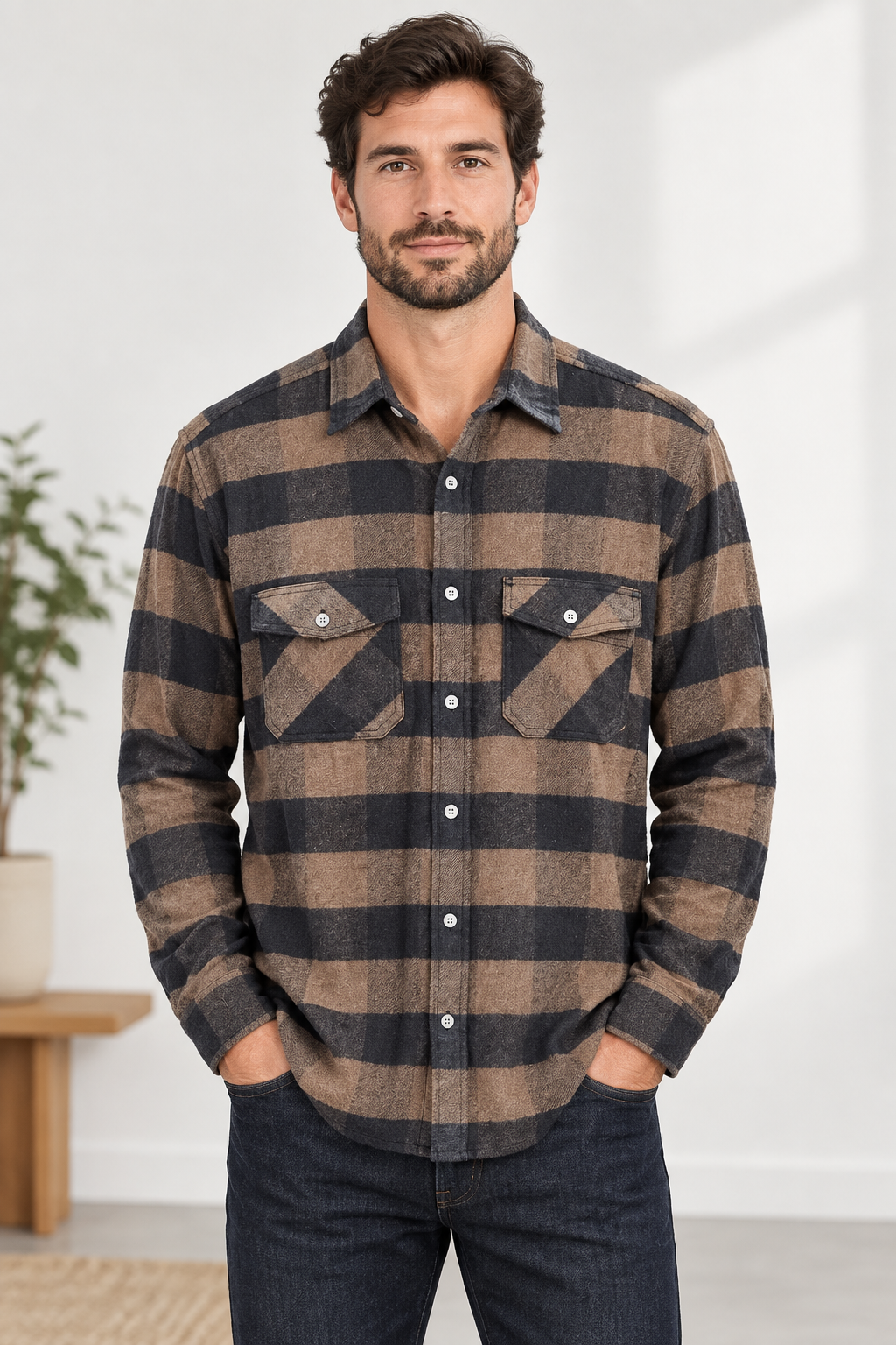 A man wearing a brown and black buffalo plaid long-sleeve button-down flannel shirt, paired with dark blue jeans, standing in a bright indoor setting.