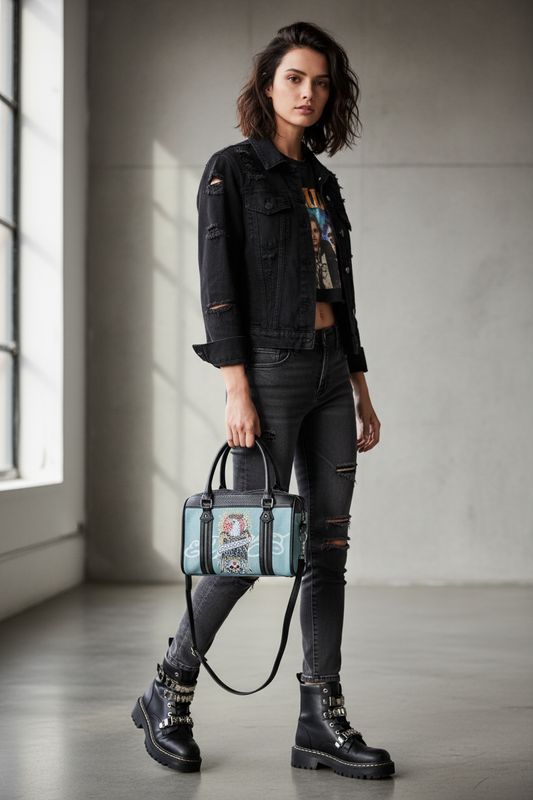 A model stands in a minimalist gray room holding a light blue denim duffel bag with colorful graphic patches and black straps.