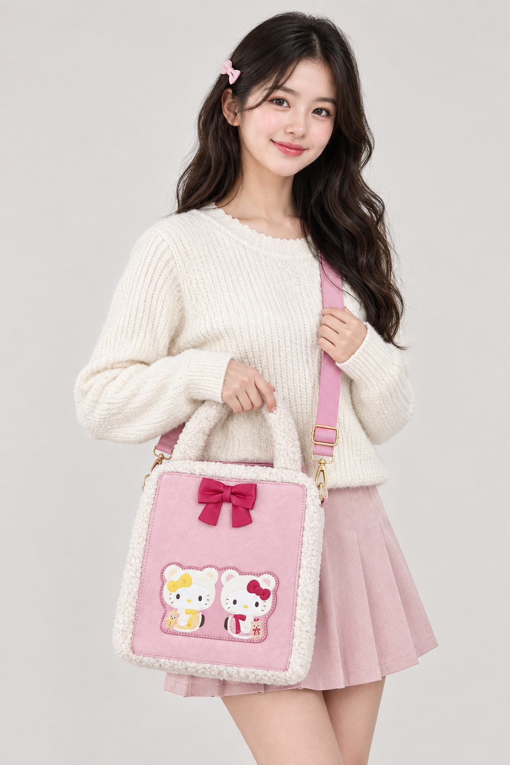 A young woman wearing a cream ribbed knit sweater and a pink pleated skirt carries a pink Hello Kitty tote bag with a white faux-fur trim and a pink bow. The bag features two Hello Kitty character patches on the front and a pink shoulder strap.