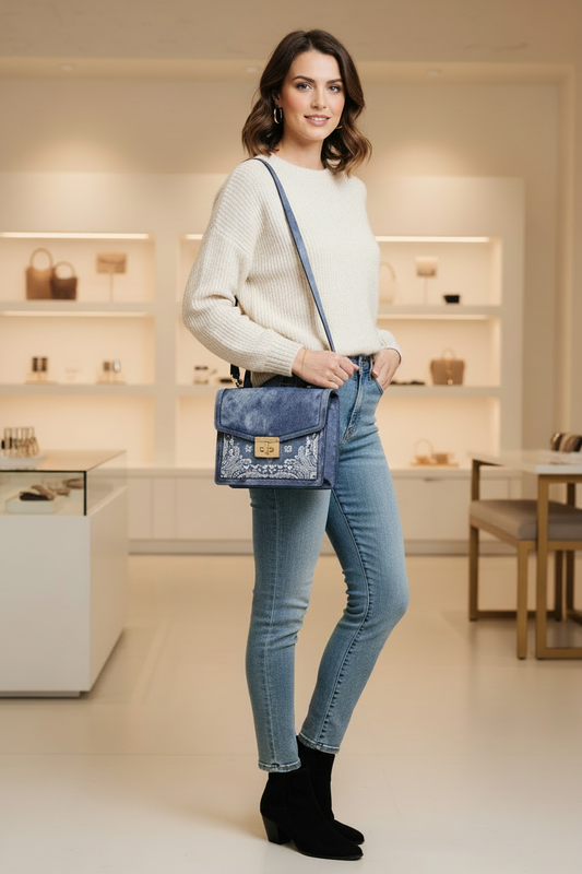 A woman stands in a boutique wearing a white knit sweater, light blue skinny jeans, and black ankle boots, carrying a blue denim crossbody bag with a gold-tone logo clasp.
