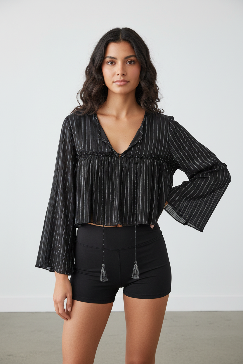 A woman modeling a black long-sleeve blouse with thin white vertical pinstripes, a gathered smocked neckline, and flared bell sleeves, paired with black shorts against a plain light gray studio background.