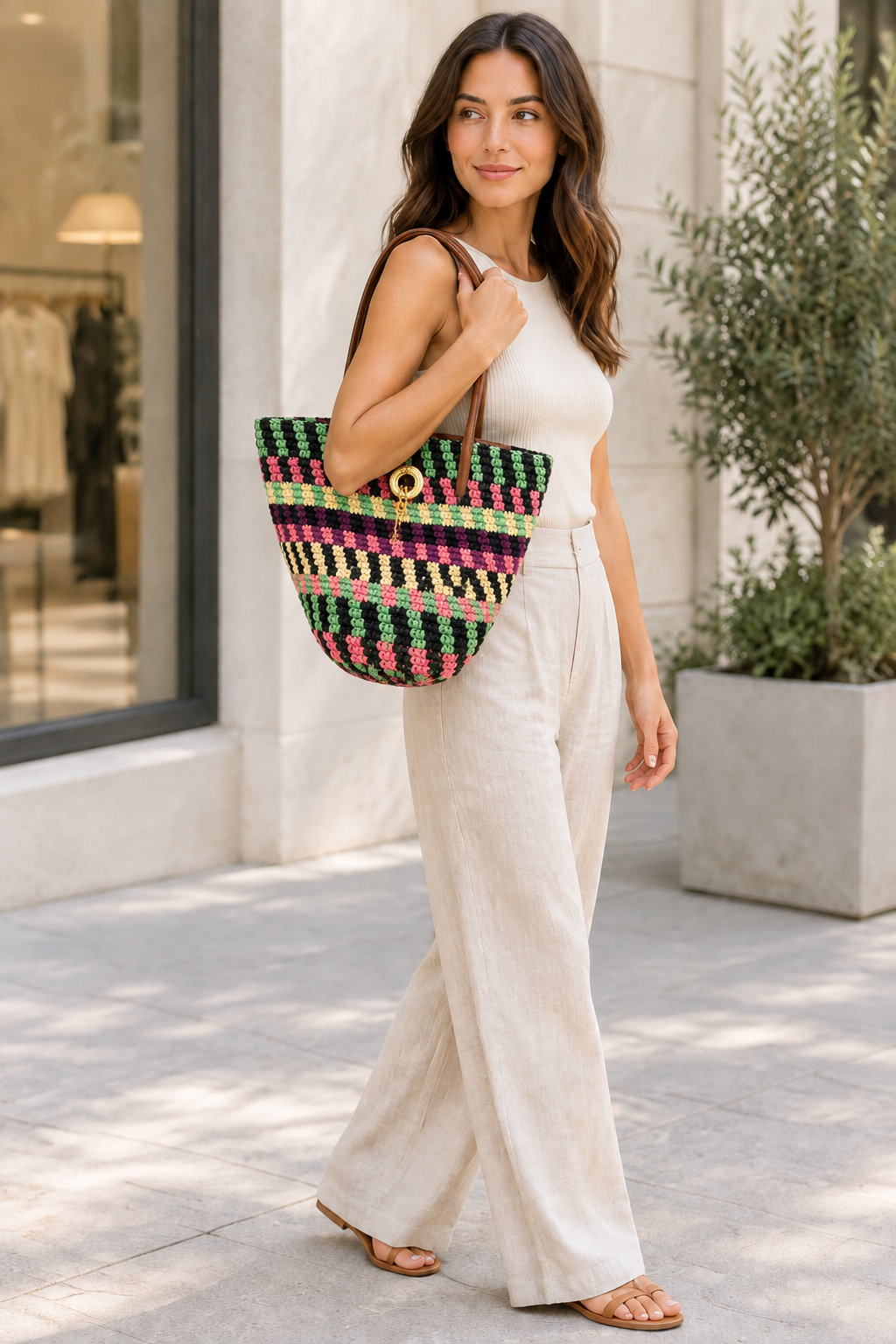 A lady in white top and cream pants wearing sandals wearing a Veronica Beard Striped Raffia tote bag or anchor basket tote. A hand-woven multi-colored raffia body with dual brown leather top shoulder handles and a small golden medallion toggle closure at the top. 
