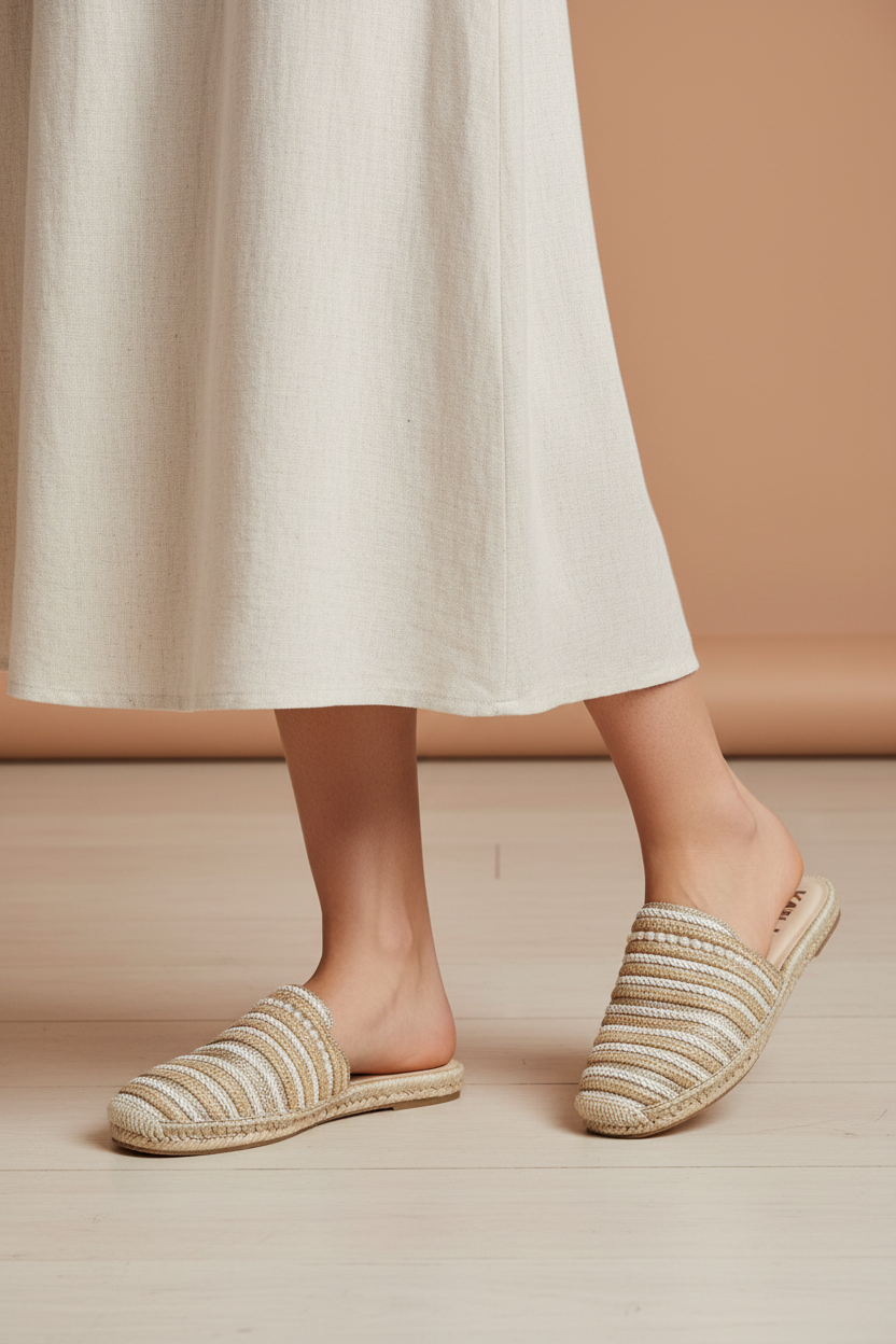 A person wearing beige and white striped woven espadrille mule sandals with a white linen midi skirt, standing on a light wood floor against a warm beige background.