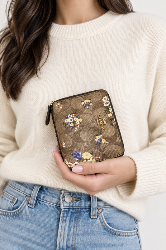 Coach small vintage zip around floral print wallet signature coated canvas