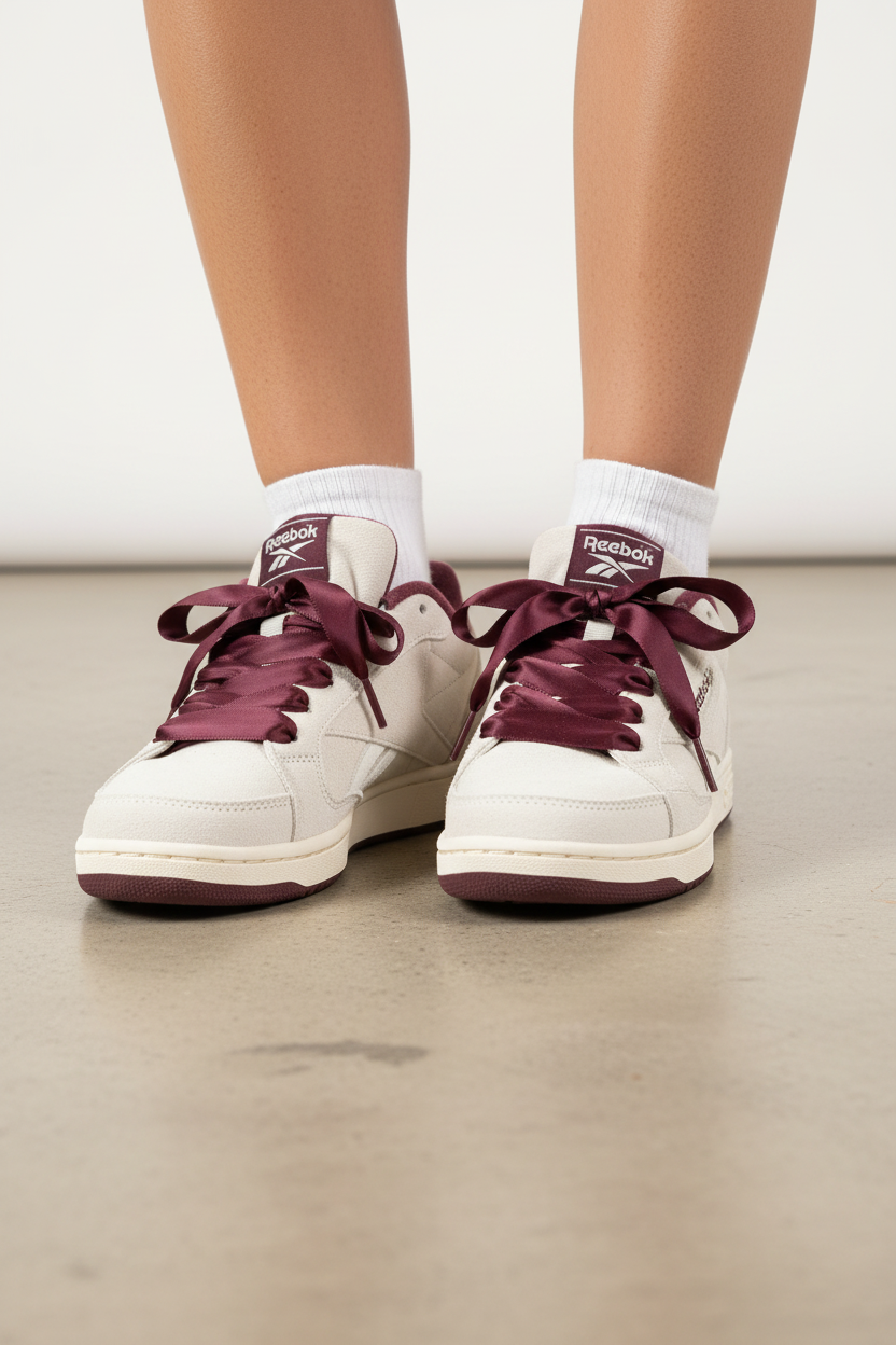 White Reebok sneakers with burgundy laces and trim, worn with white crew socks on a person's feet, shown from the knees down against a neutral studio background.