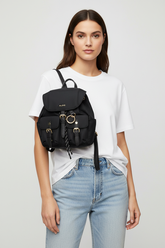 A woman wearing a white t-shirt and light blue jeans models a black Alor backpack with gold hardware against a light gray studio background.