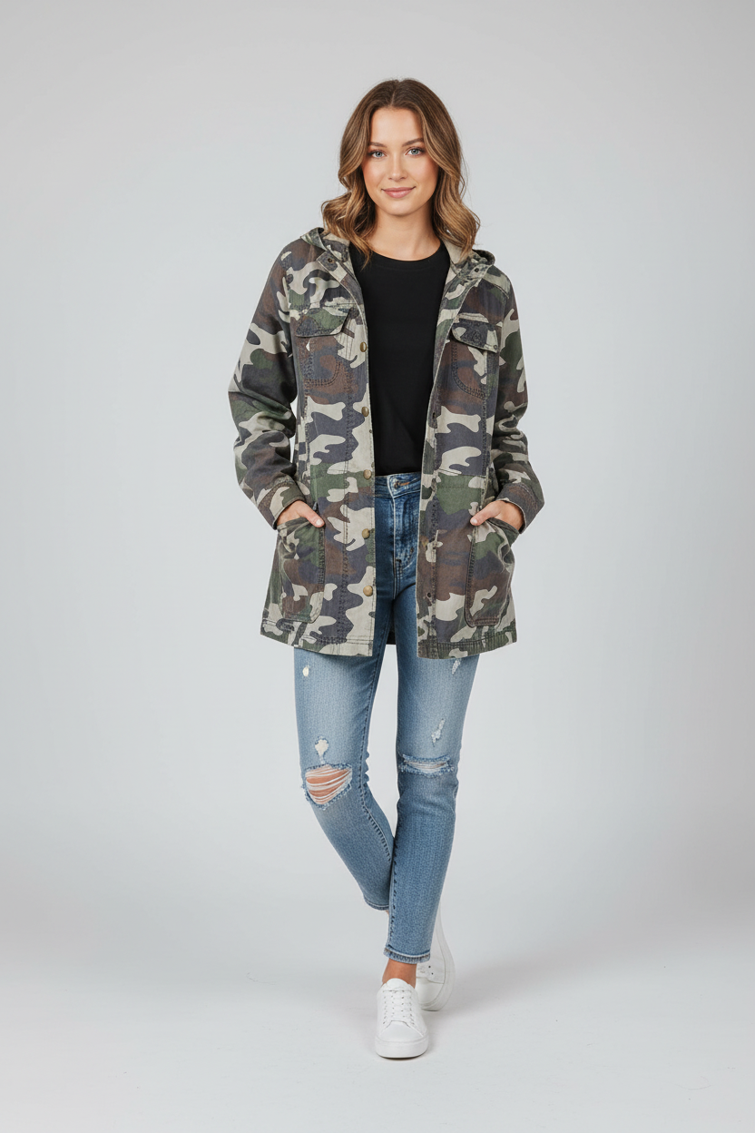 A woman modeling a hooded camouflage jacket over a black top and distressed blue jeans, standing against a light gray studio background.