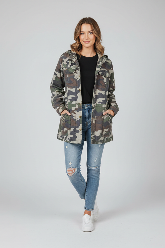 A woman modeling a hooded camouflage jacket over a black top and distressed blue jeans, standing against a light gray studio background.