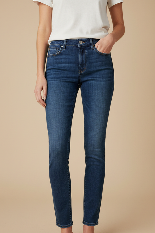 A model wearing dark blue skinny jeans with a white t-shirt, standing against a solid beige background.