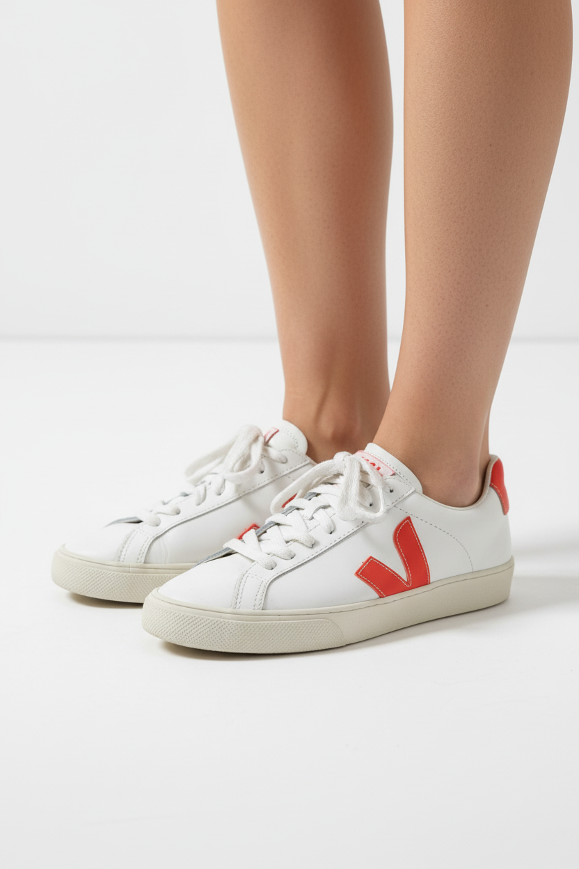 White leather low-top sneakers with a bold red side logo and red heel tab, shown on a model's feet against a clean white studio background.
