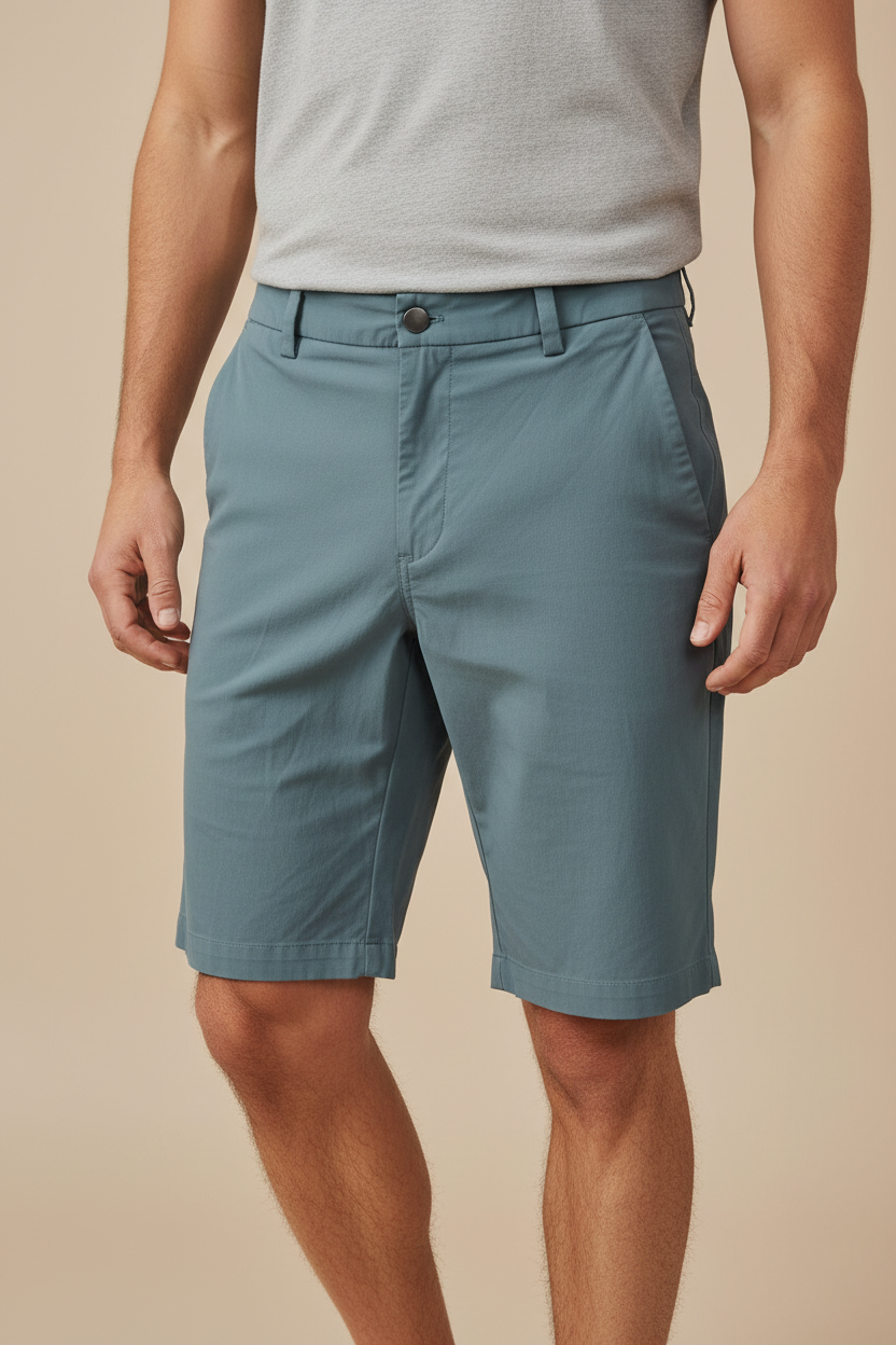 A man wearing slate blue-gray shorts and a light gray t-shirt, standing against a solid beige background.