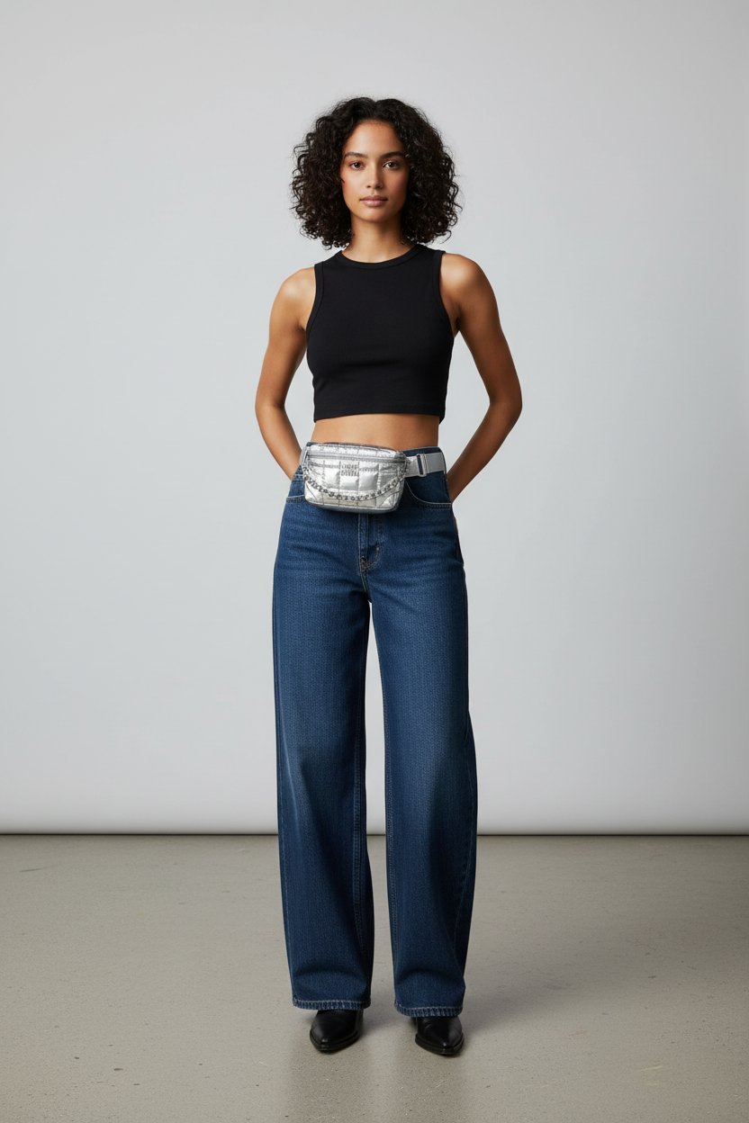 A model stands in a studio wearing a black sleeveless crop top, wide-leg blue jeans, and a silver quilted belt bag at the waist.