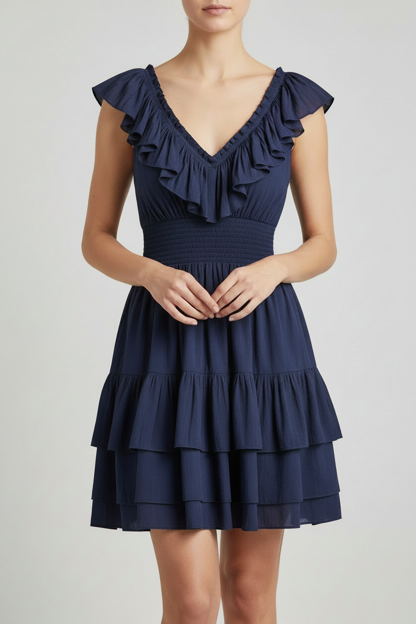 A navy blue tiered ruffle dress with a smocked waist, modeled against a light gray studio background.