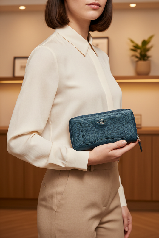 A woman in a cream blouse and beige trousers holds a dark teal leather zip-around wallet or clutch with a small gold logo plaque. The setting is a warm, softly lit indoor space with wood paneling and a blurred plant in the background.