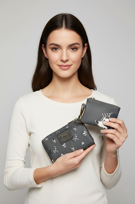 A woman holding two dark gray zip-around pouches with white animal illustrations, one larger pouch featuring a gold-tone logo plaque and the other a smaller pouch with a white deer design, set against a solid light gray background.