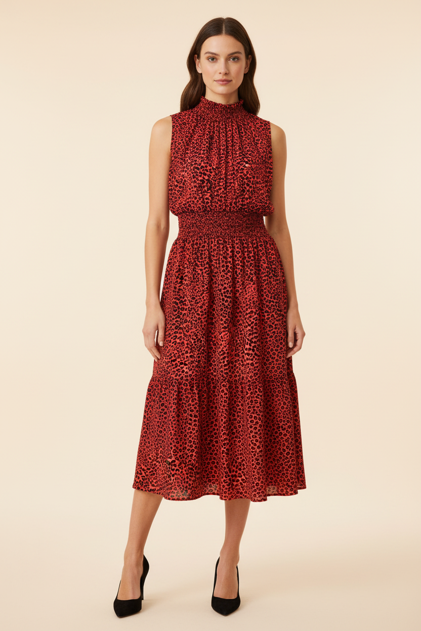 A woman modeling a sleeveless high-neck midi dress with a red and black leopard print pattern, paired with black pointed-toe heels, against a solid beige studio background.