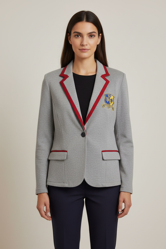 A woman modeling a light gray school blazer with red piping trim and a gold crest patch on the chest, paired with a black top and navy trousers, against a plain light gray background.