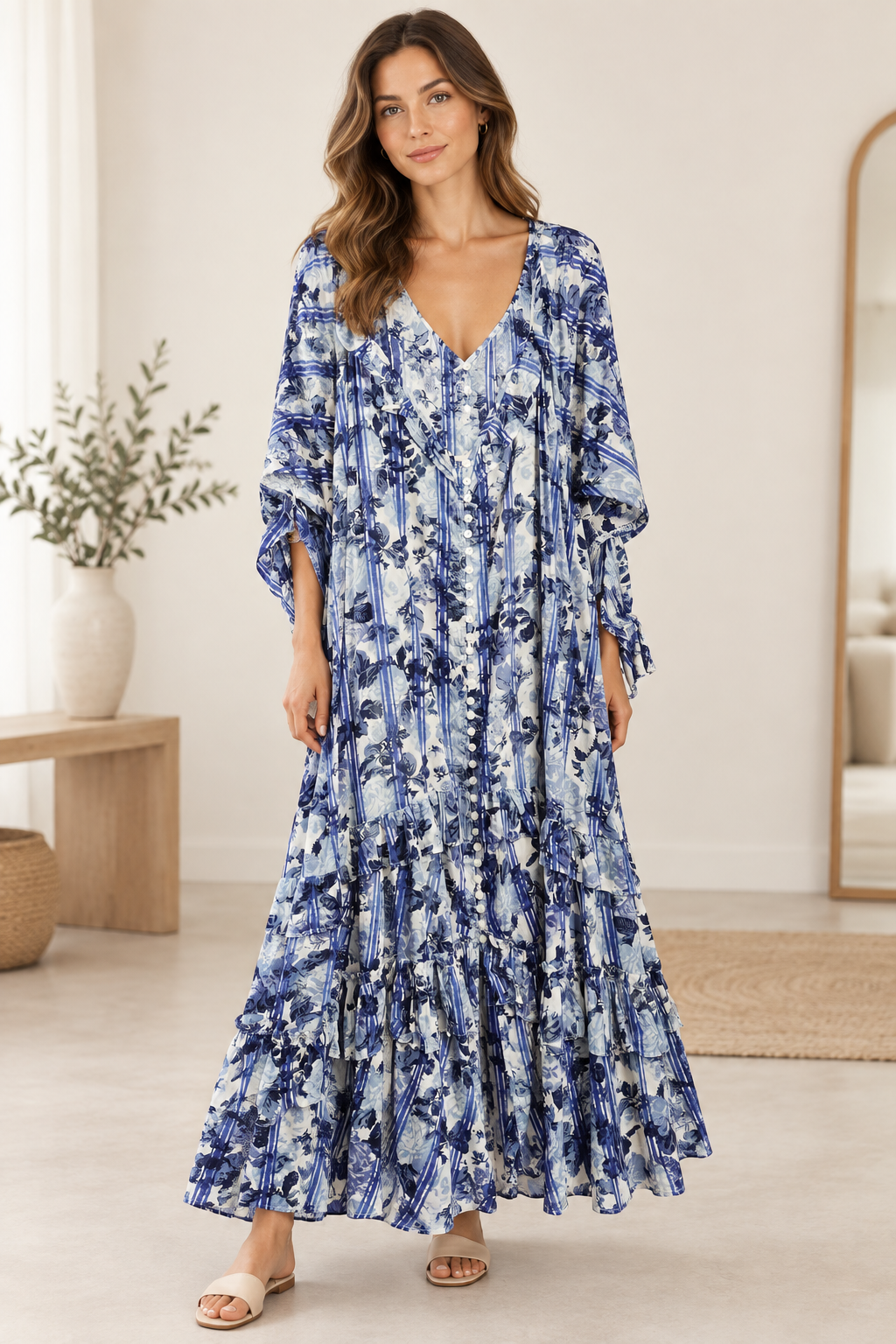 A woman modeling a long blue and white floral maxi dress with tiered ruffles and elbow-length sleeves in a bright indoor room.