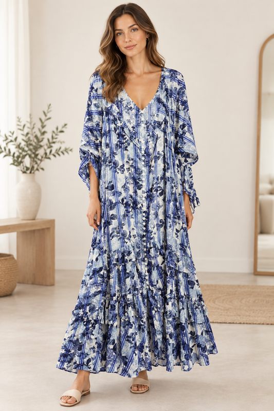 A woman modeling a long blue and white floral maxi dress with tiered ruffles and elbow-length sleeves in a bright indoor room.