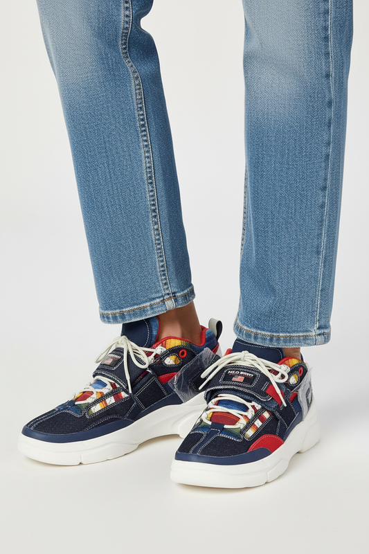 A pair of colorful patchwork sneakers with navy, red, yellow, and white panels, styled with blue jeans on a light gray studio background.