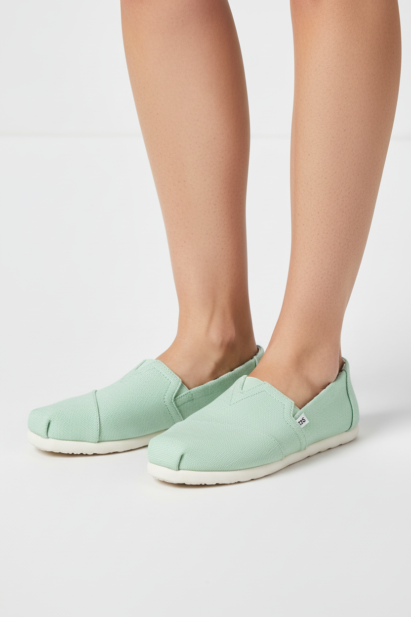 A person wearing mint green slip-on canvas shoes with white soles, shown from the calves down against a clean white studio background.