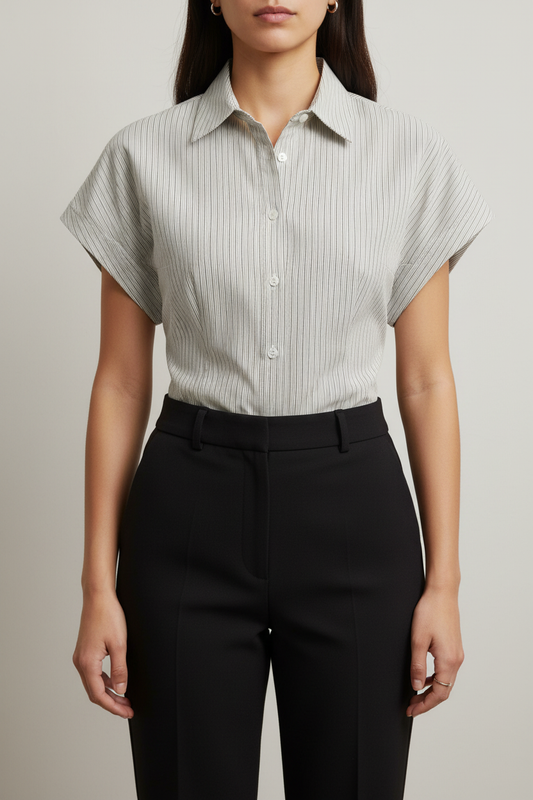 A woman wearing a light gray and white vertically striped short-sleeve button-up shirt tucked into black trousers, shown from the nose down against a plain light gray studio background.