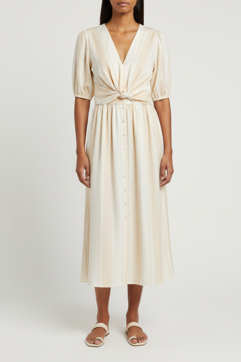 A woman modeling a cream-colored midi dress with short puff sleeves, a V-neckline, and a knotted waist detail, paired with neutral slide sandals against a light gray studio background.