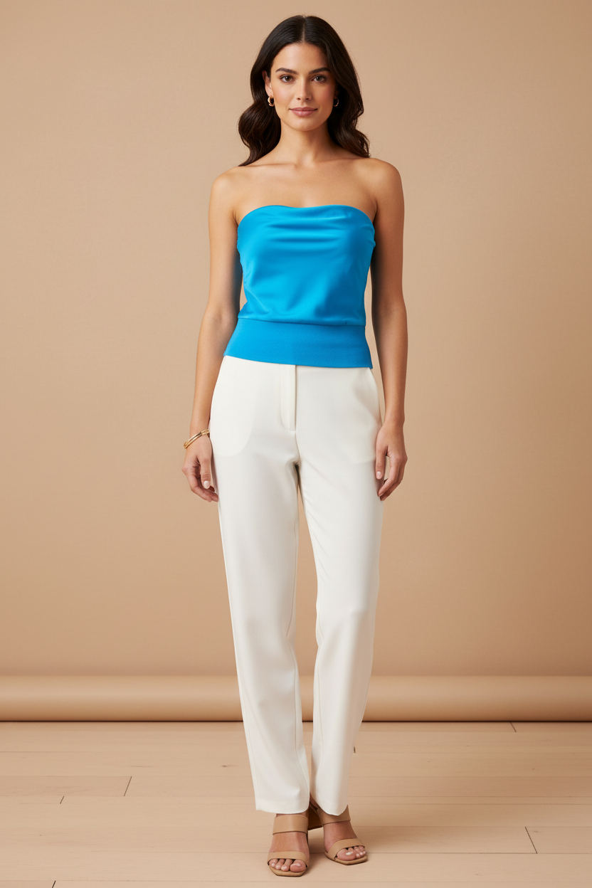 A woman modeling a bright blue strapless tube top paired with white straight-leg pants and beige heeled sandals, standing against a warm beige studio backdrop.