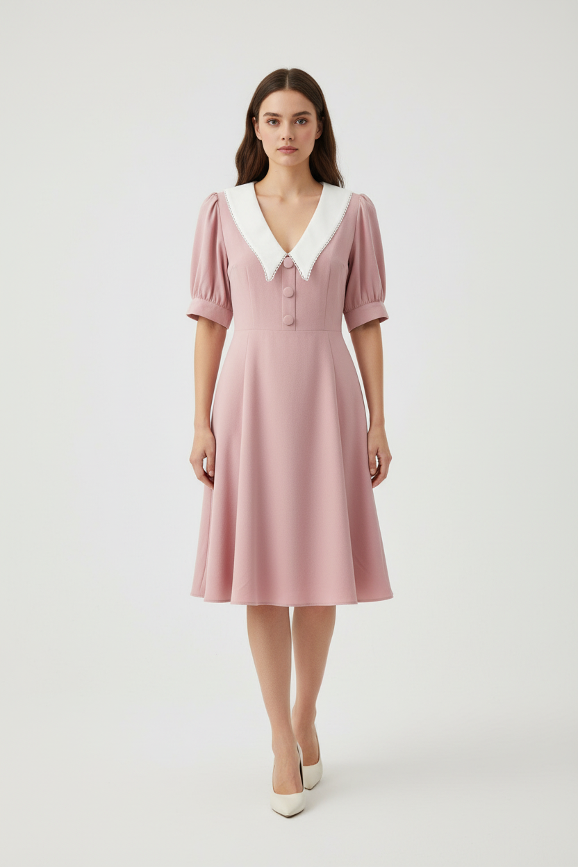 A woman modeling a dusty pink A-line midi dress with a contrasting white V-neck collar and short puff sleeves, standing against a light gray studio background.