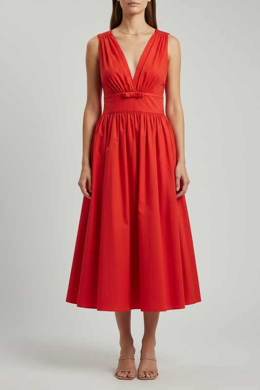 A woman modeling a sleeveless red midi dress with a deep V-neckline, a matching fabric tie at the waist, and a flared skirt, paired with tan heeled sandals against a light gray studio background.