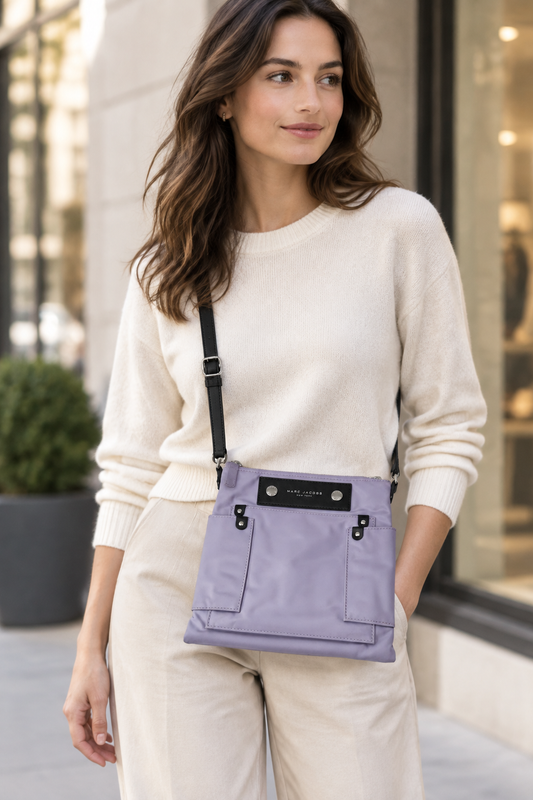 A woman wearing a cream knit sweater and beige pants carries a lavender purple nylon crossbody bag with a black strap and a black brand label that reads 'SILK CLOTHING'.