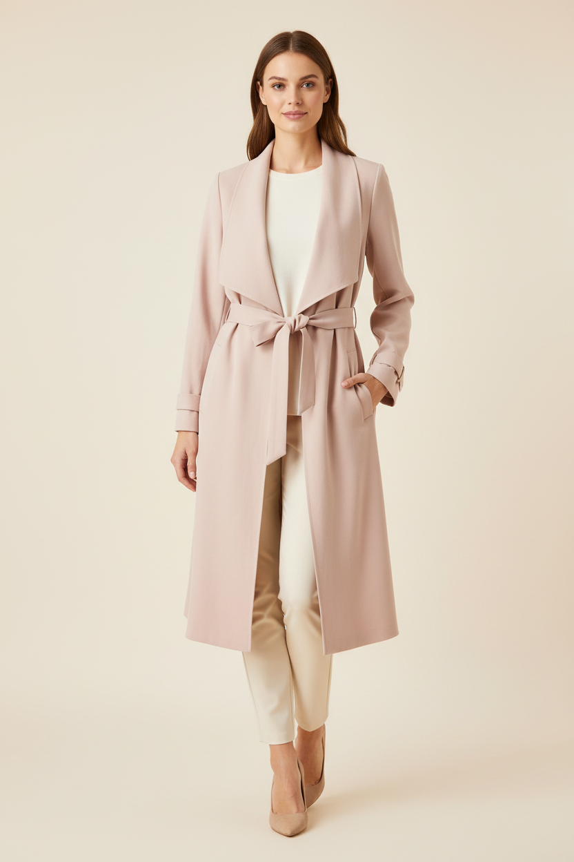 A woman modeling a long, light pink wrap coat over a white top and cream trousers, standing against a solid beige studio background.