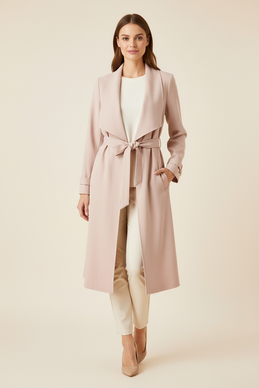 A woman modeling a long, light pink wrap coat over a white top and cream trousers, standing against a solid beige studio background.