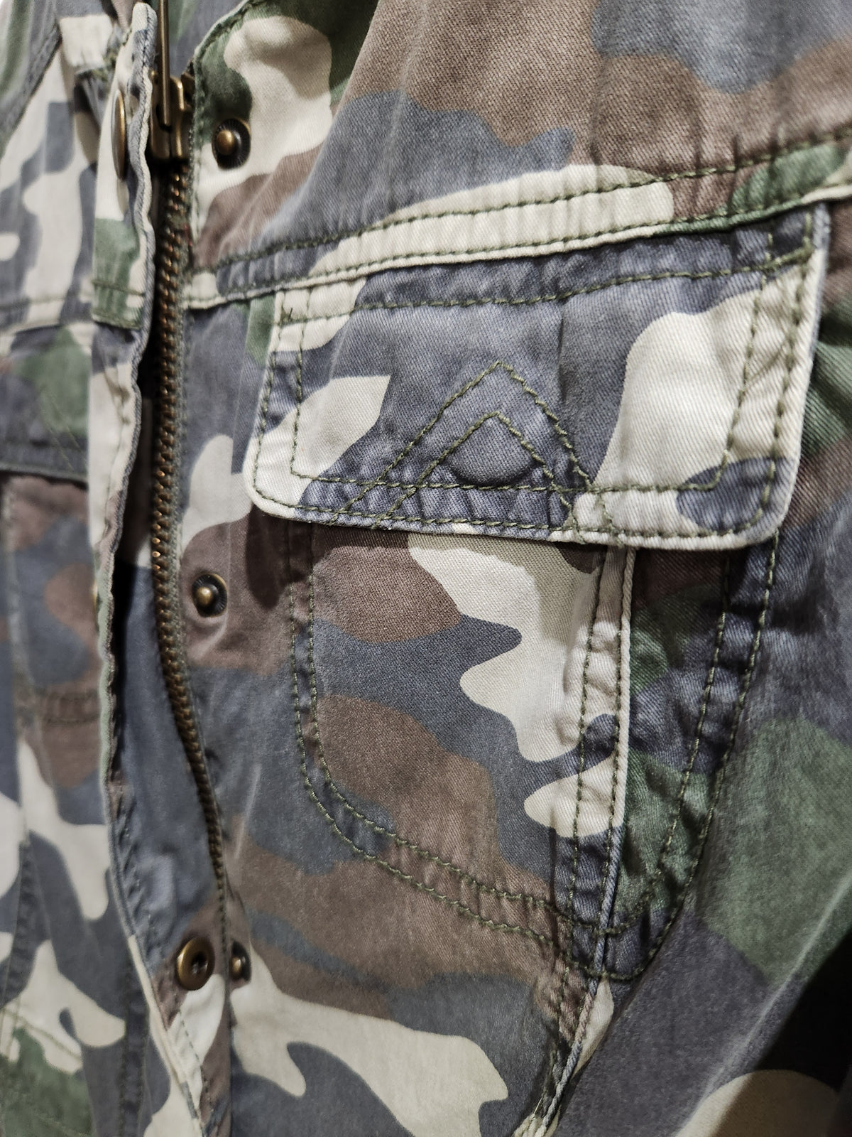 Close-up of a camouflage jacket showing a flap pocket with contrast stitching, a metal zipper, and snap buttons on a gray fabric background.