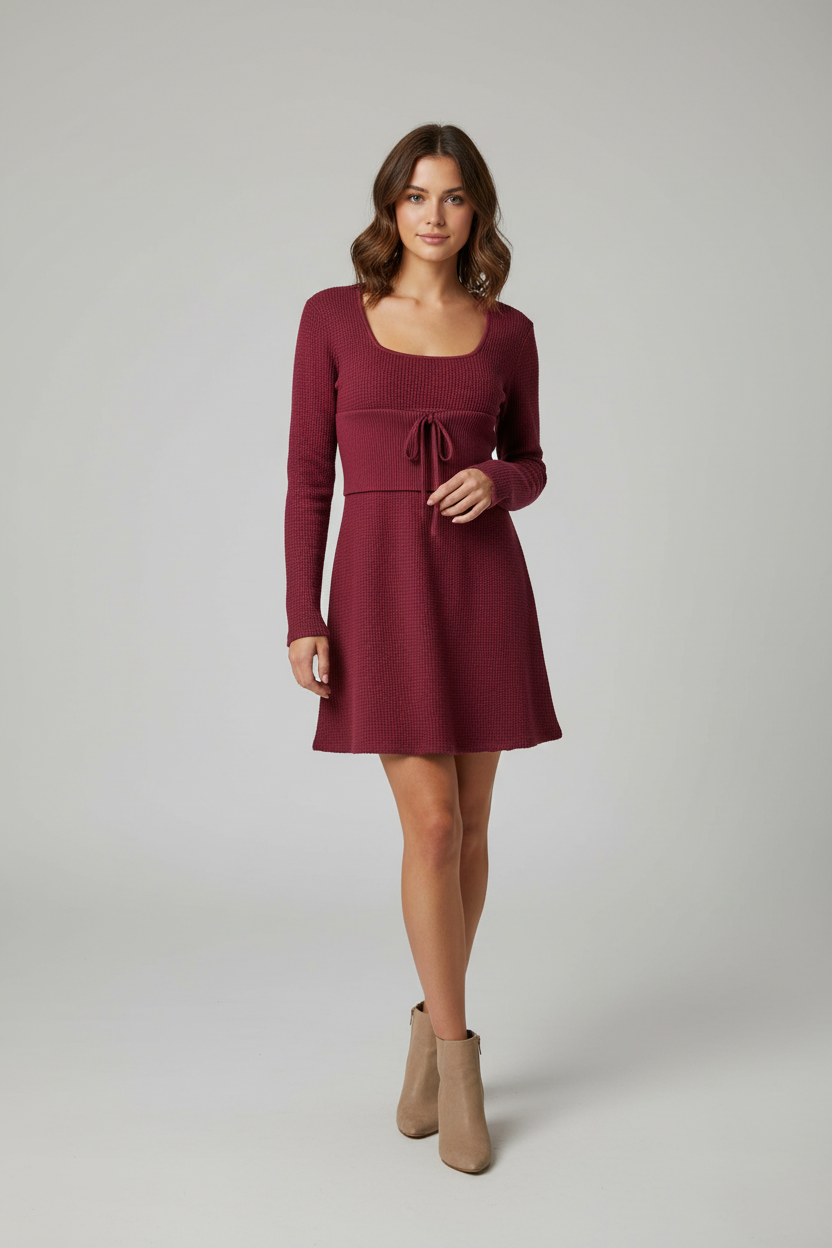 A woman modeling a long-sleeve, scoop-neck mini dress in burgundy with a tie detail at the waist, paired with beige ankle boots, against a neutral gray studio background.