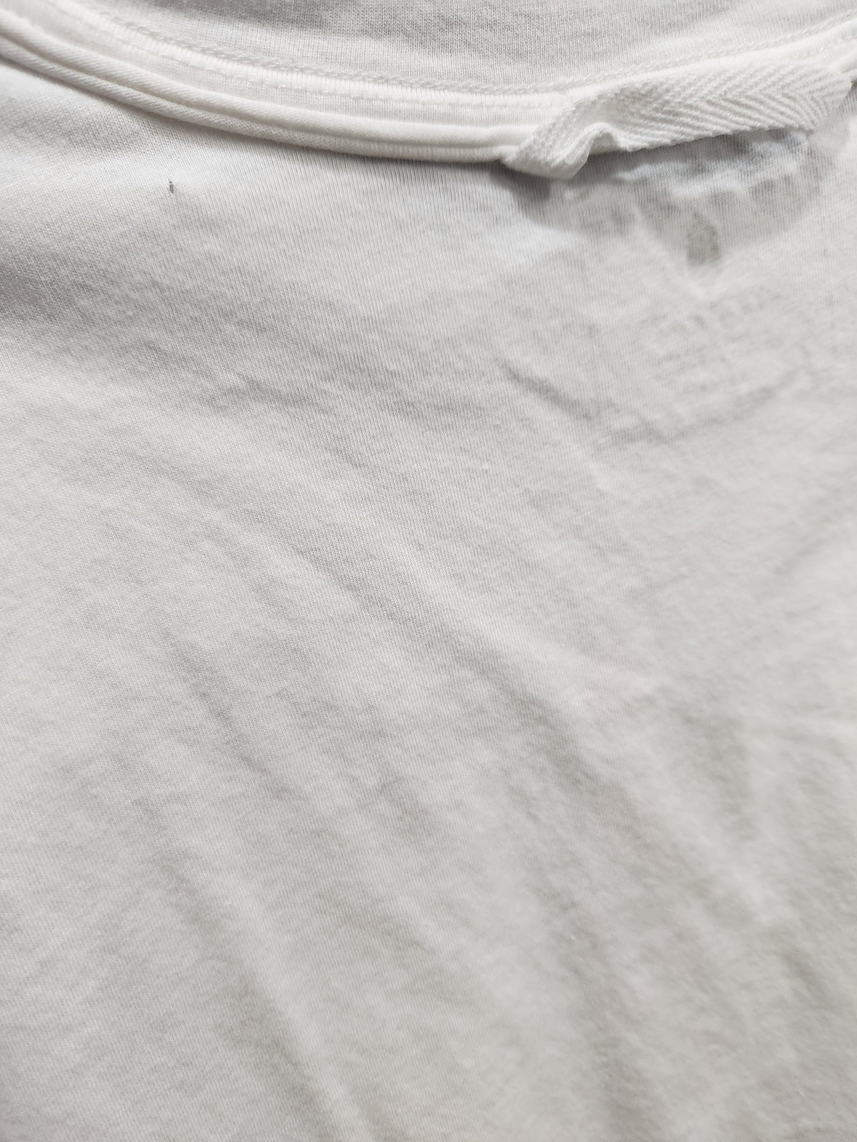 Close-up of a white cotton t-shirt showing the ribbed crew neck collar and textured fabric.
